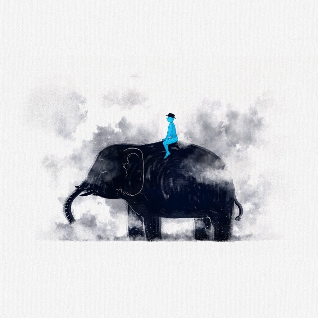 Gemaltes Bild. Der Hintergrund ist neblig. Auf dem Bild sieht man einen schwarz gemalten Elefanten. Darauf reitet ein blauer Mann mit einem Hut. Bild zum Blog: Her mit der Vision, jetzt dreh ich am Rad!