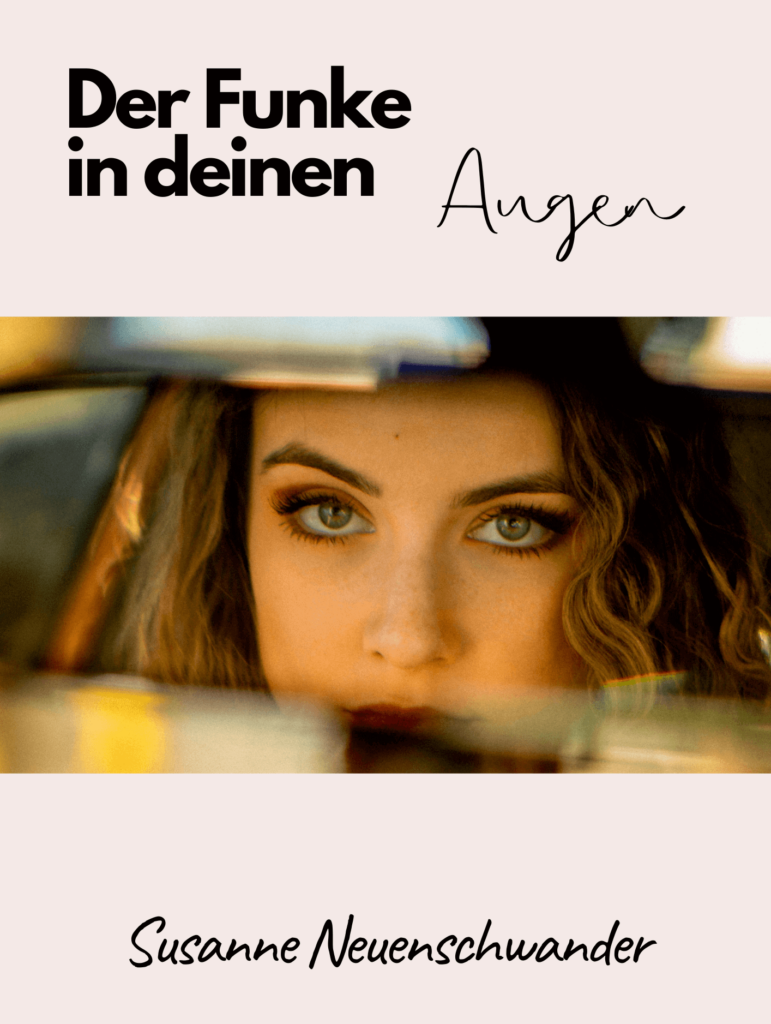 Frau schaut in den Rückspiegel eines Autos. Der Hintergrund ist rosa. Es steht die Schrift: Der Funke in deinen Augen. Cover von einem E-Book.