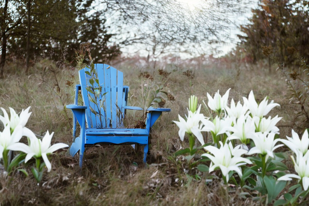 Chaos im Garten. Ein blauer, etwas schäbiger Stuhl steht im Garten. Dahinter ist es dürr. Neben dem Stuhl hat es leuchtend schöne Lilien. KI-generiertes Bild.