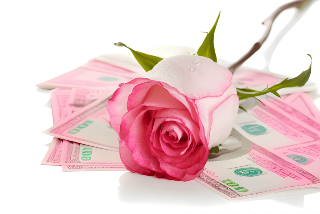 Auf dem Bild sind Geldnoten zu sehen, die leicht pink eingefärbt sind. Darüber ist eine rosarote Rose. KI-generiertes Bild.